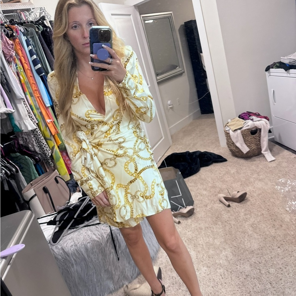 L'AGENCE Gold Chain Print Wrap Dress